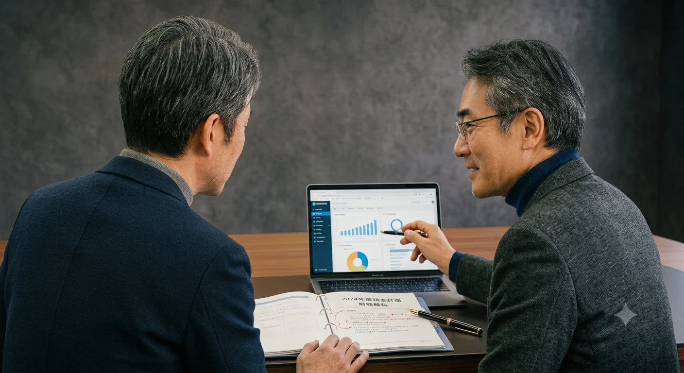 同じ机に肩を並べ、資料を見ながら話す社長と社外CFO